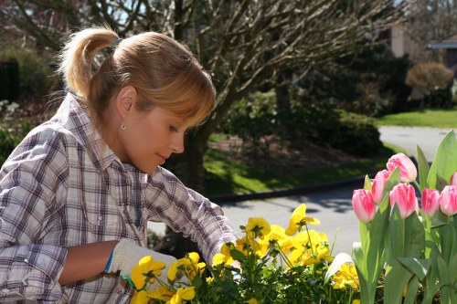 Professional gardener using protective equipment during routine garden work